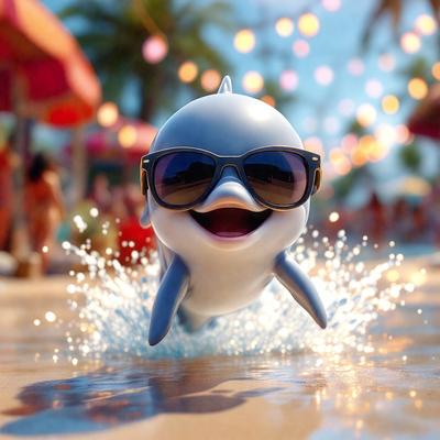 The primary subject of the image is a cartoon dolphin wearing sunglasses and a smile. The dolphin is flying through the air, creating a playful and fun atmosphere. The setting is a beach, with a few other people visible in the background. The visual style is a digital art or illustration, giving the image a vibrant and lively appearance. The colors and mood are predominantly bright and cheerful, with the dolphin's sunglasses and smile adding a touch